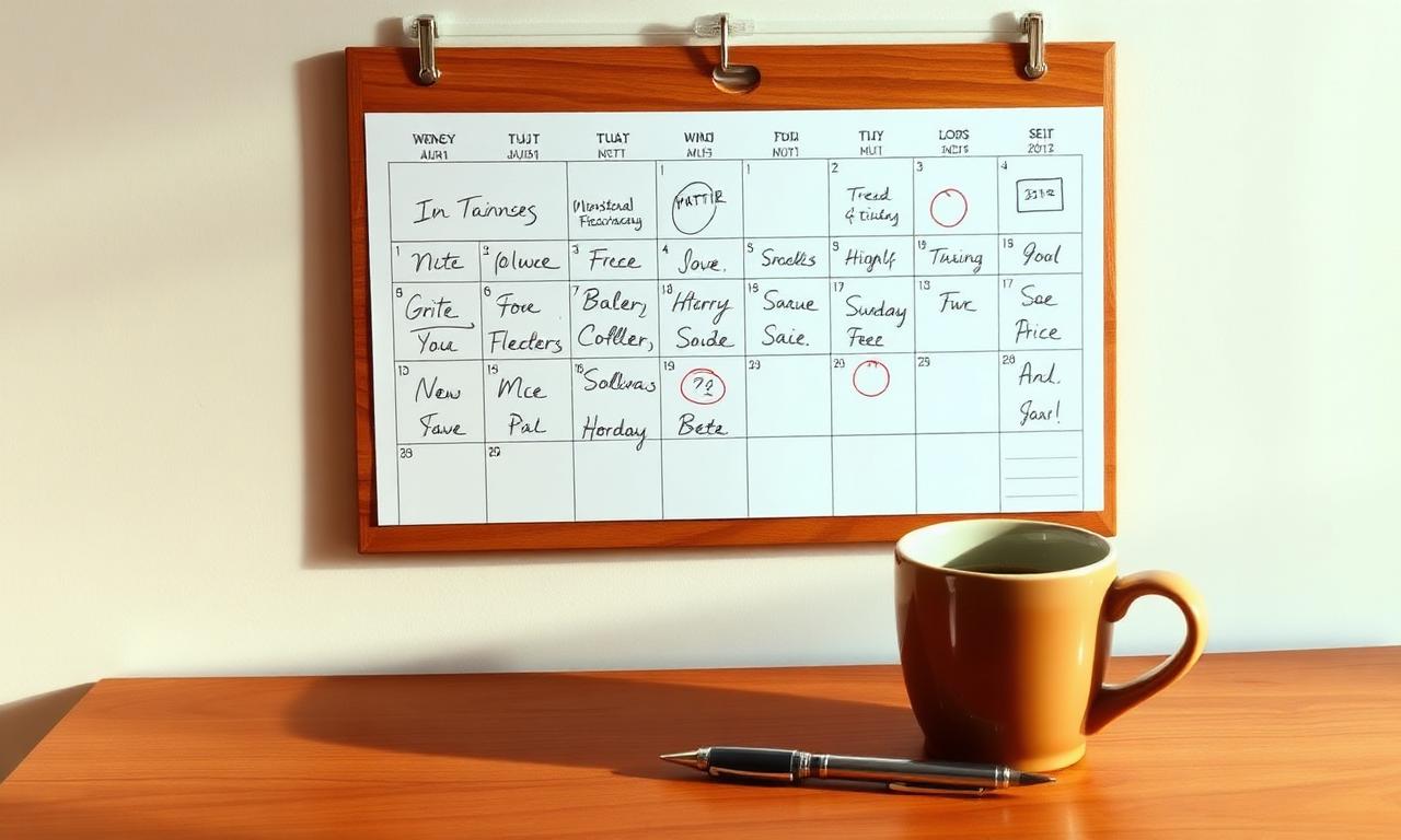 A wall calendar with handwritten notes and circled dates next to a coffee mug