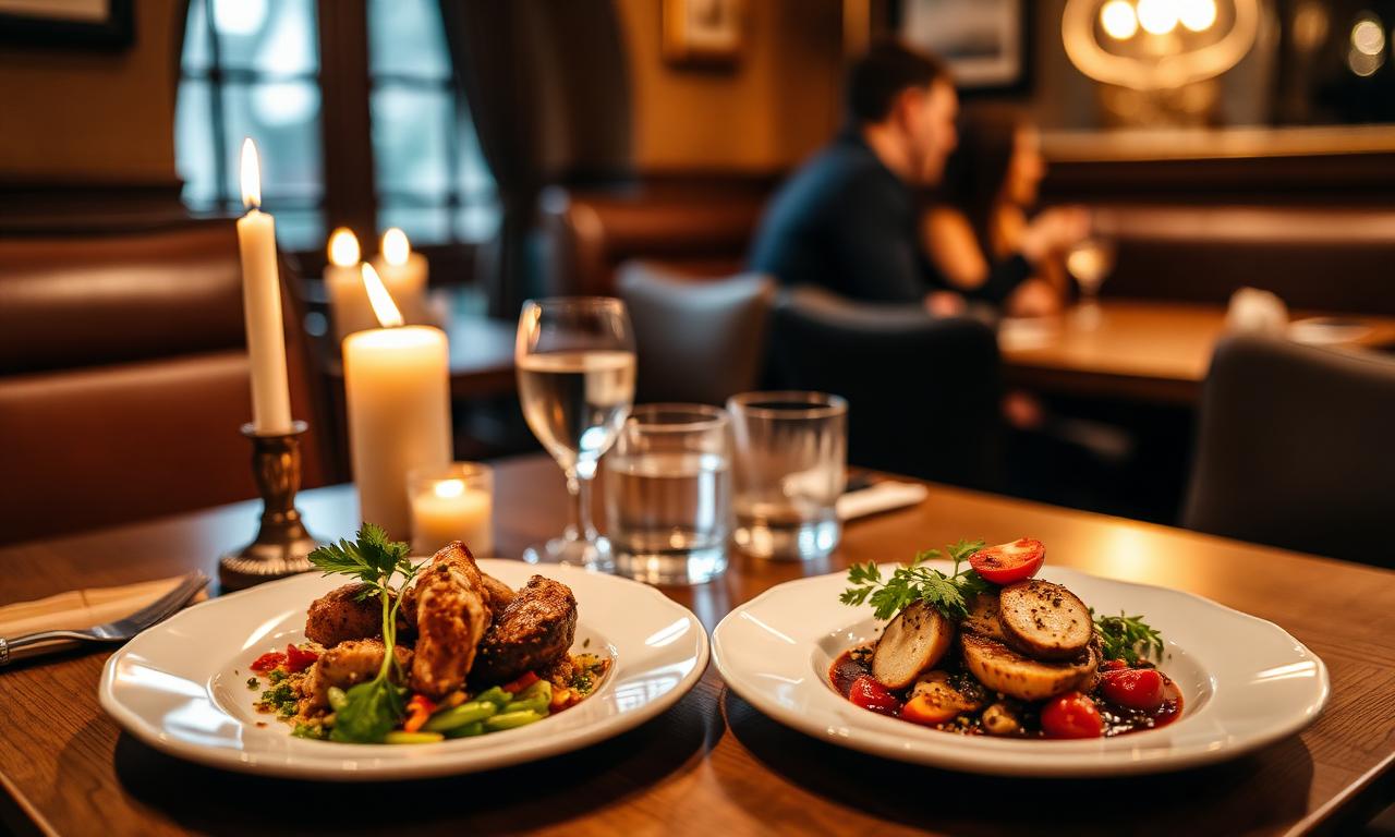 Two plates of artisan food on a candlelit restaurant table