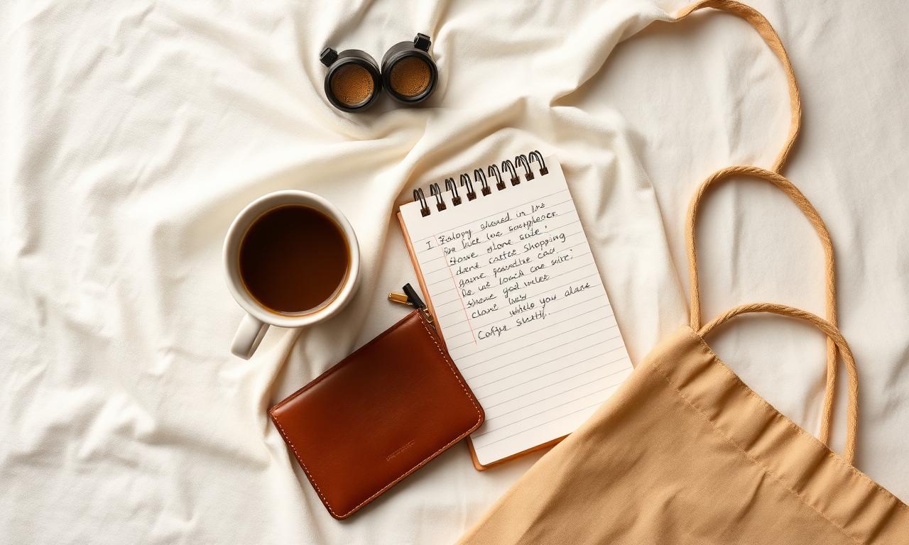Flat lay of a notebook, coffee cup, and shopping essentials on cream linen