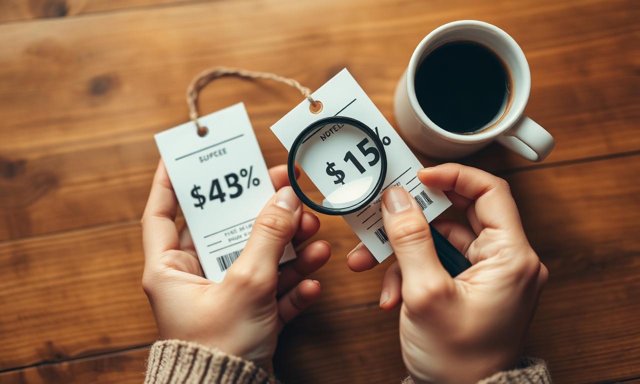 Hands holding two price tags with a magnifying glass over a wooden table