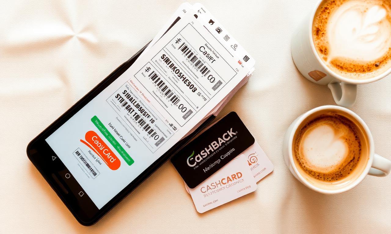 Coupons, cashback app on a phone, and loyalty cards on a cream tablecloth