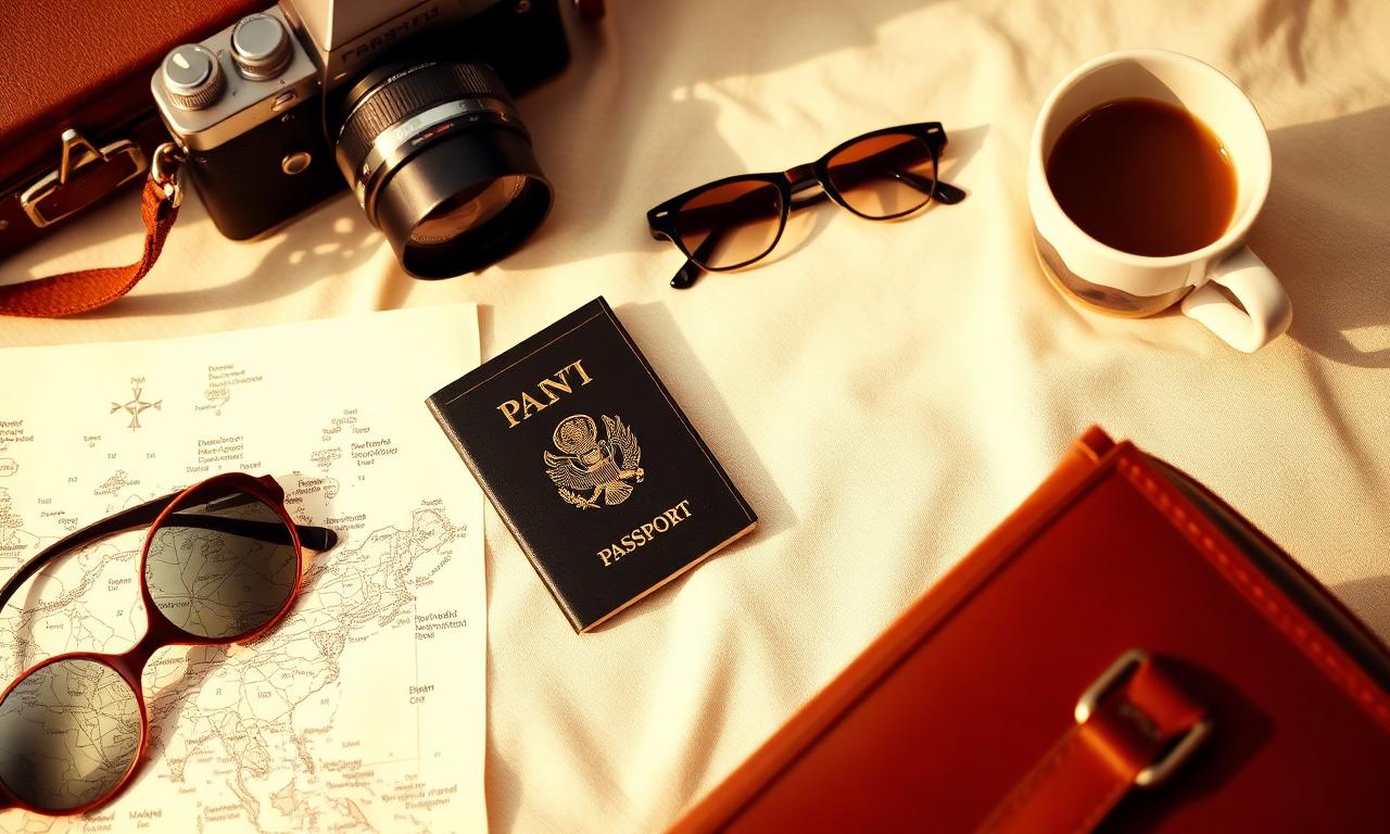 Travel flatlay with camera, passport, map, sunglasses and a coffee cup