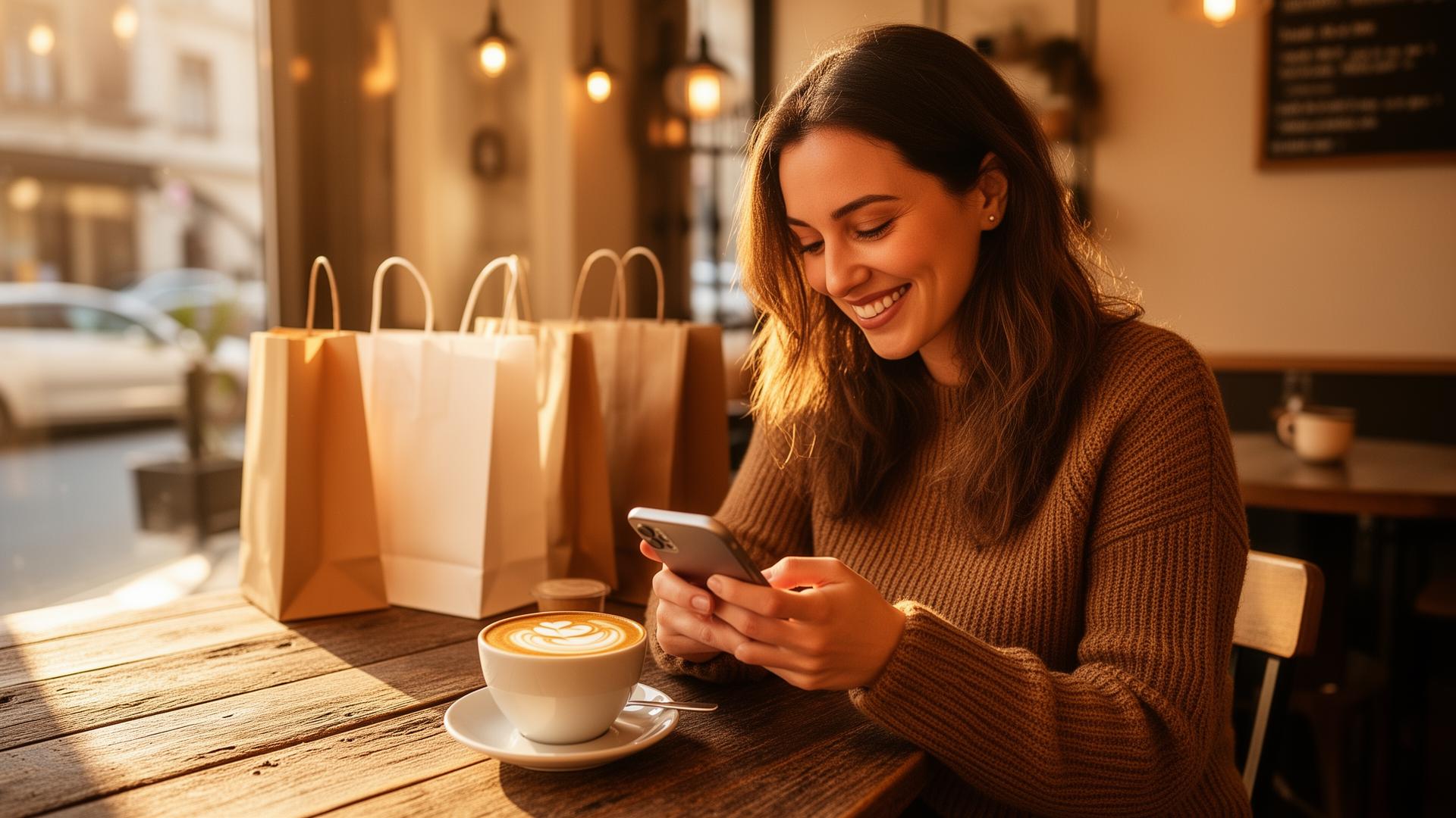 A smiling person enjoying a latte with shopping bags at a cozy specialty coffee shop
